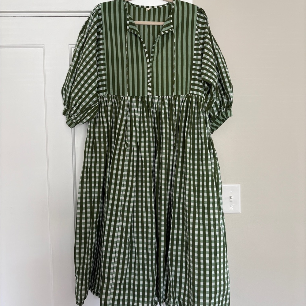 Green Striped and Checkered Midi Dress